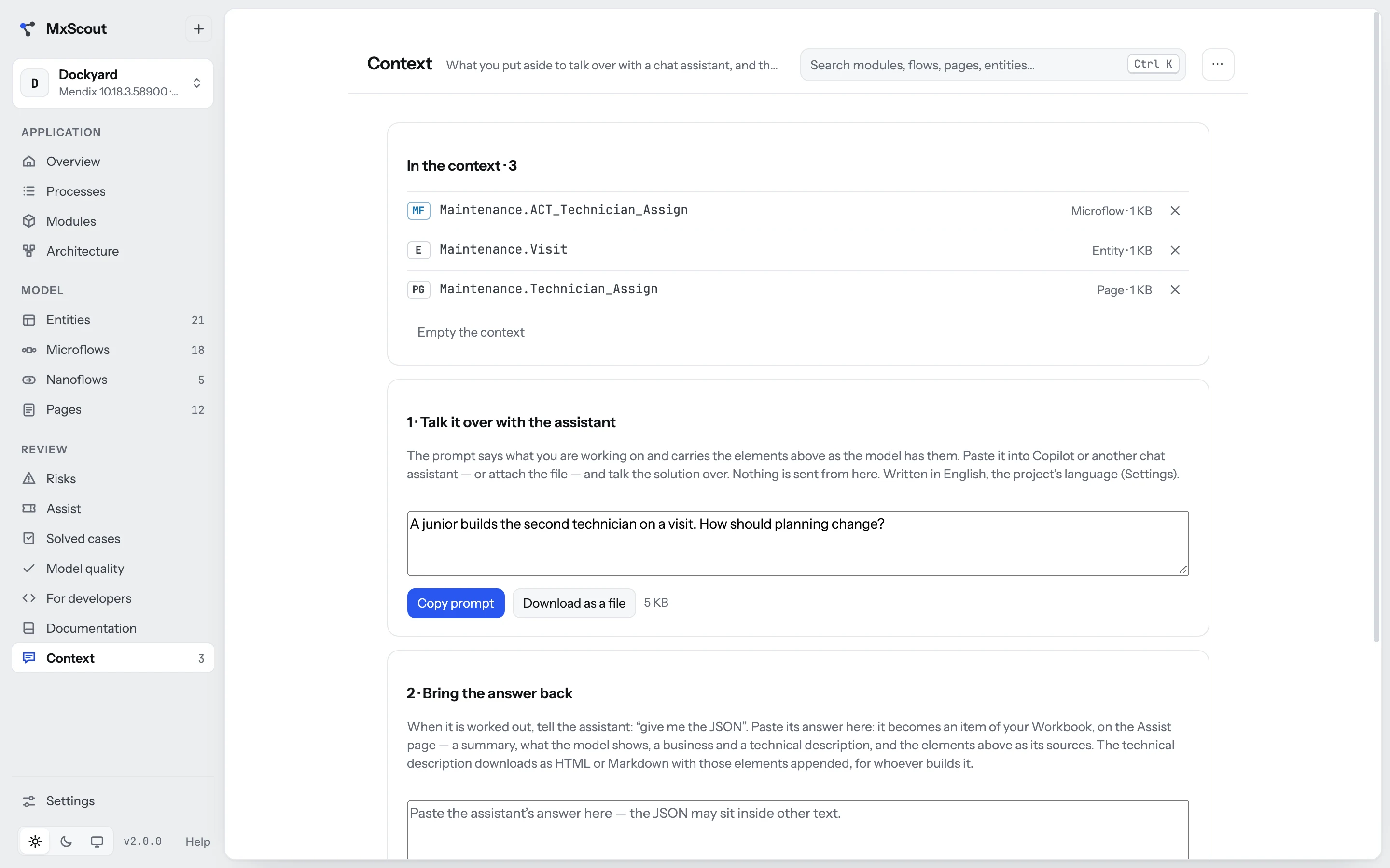 The Context screen: three model elements put aside, and the prompt to copy into a chat assistant.