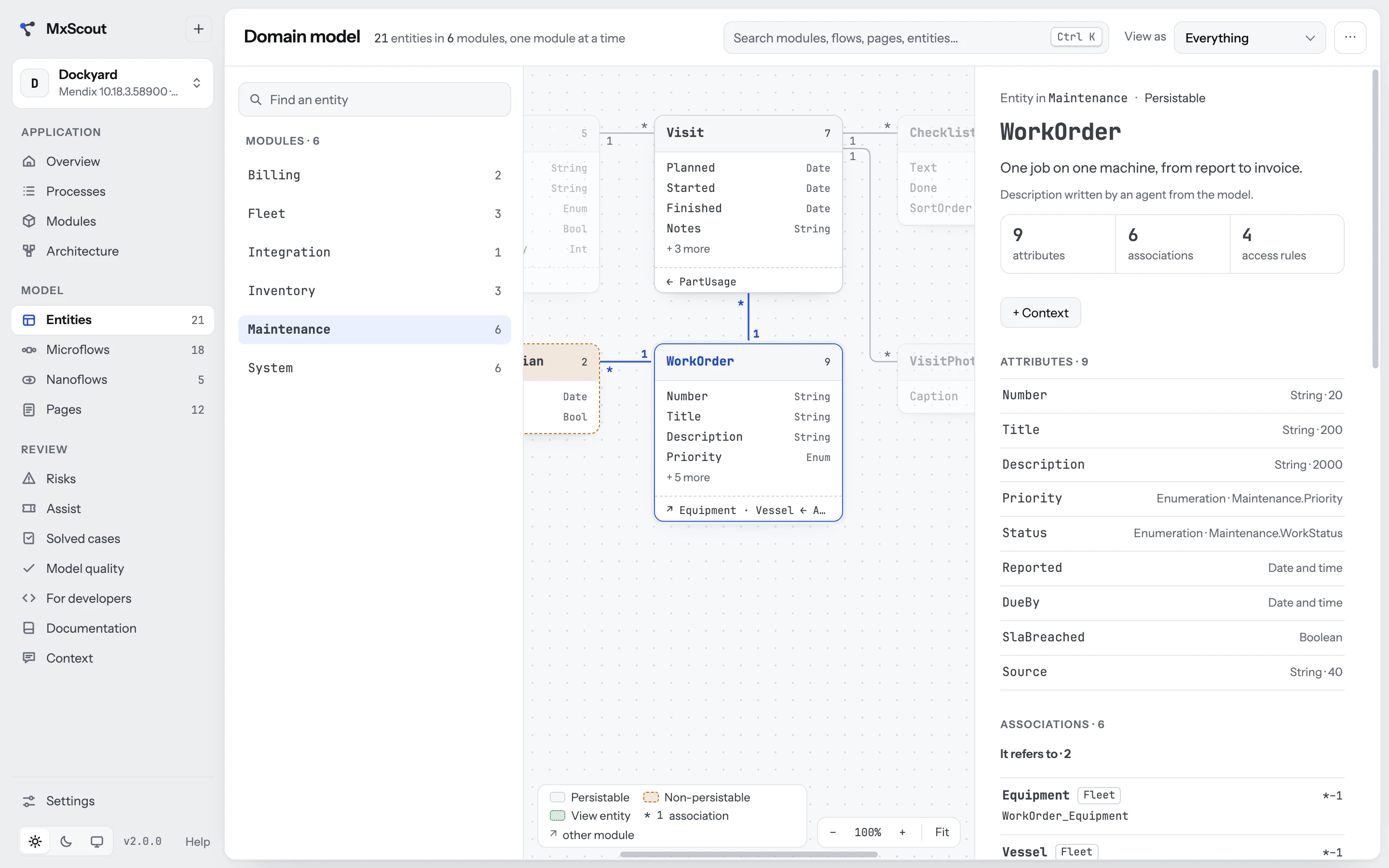 The Domain model screen: the Maintenance module's entities, with WorkOrder picked and its attributes and access.