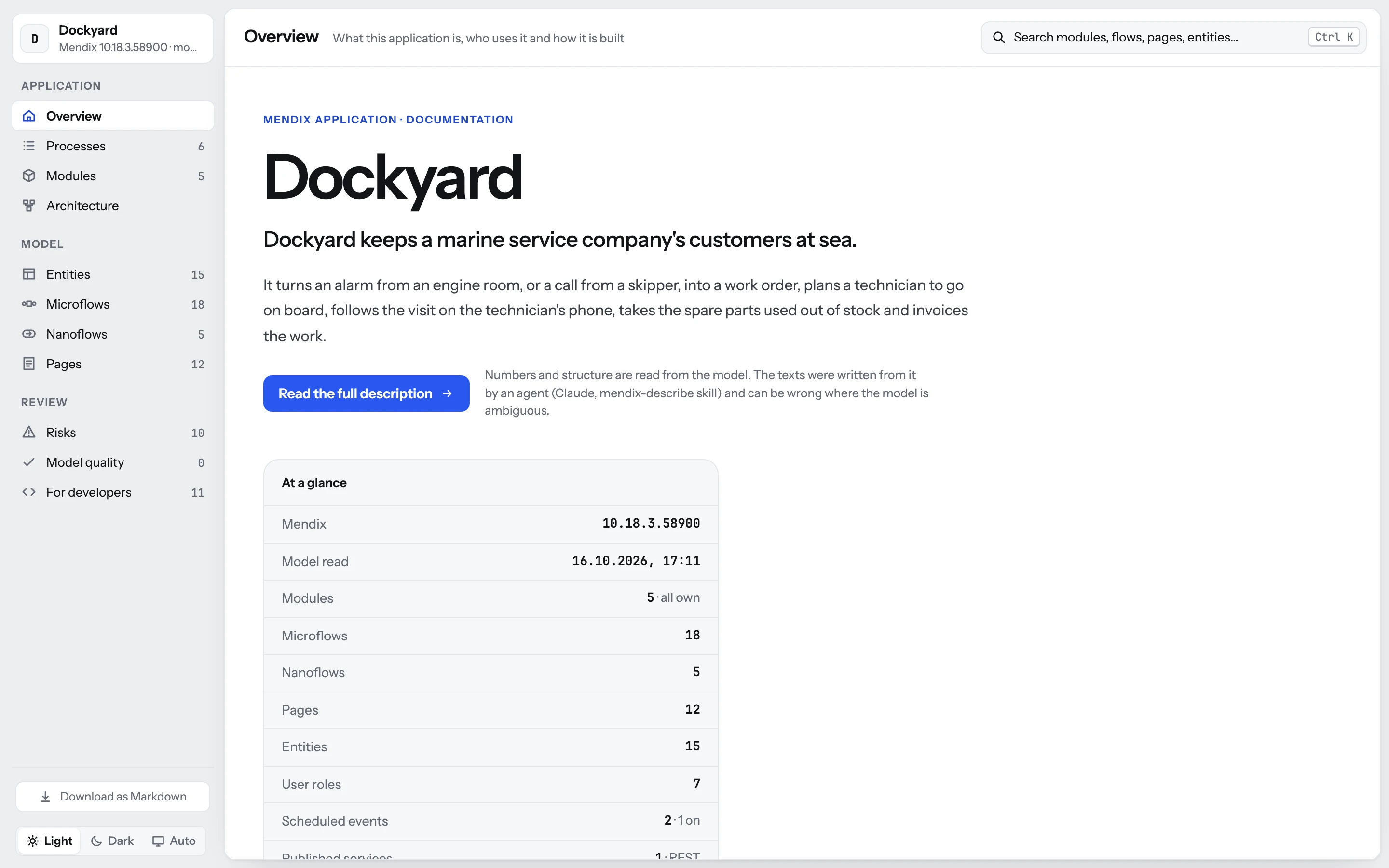 The exported documentation of Dockyard, opened as a file in a browser: the same pages, no MxScout needed.
