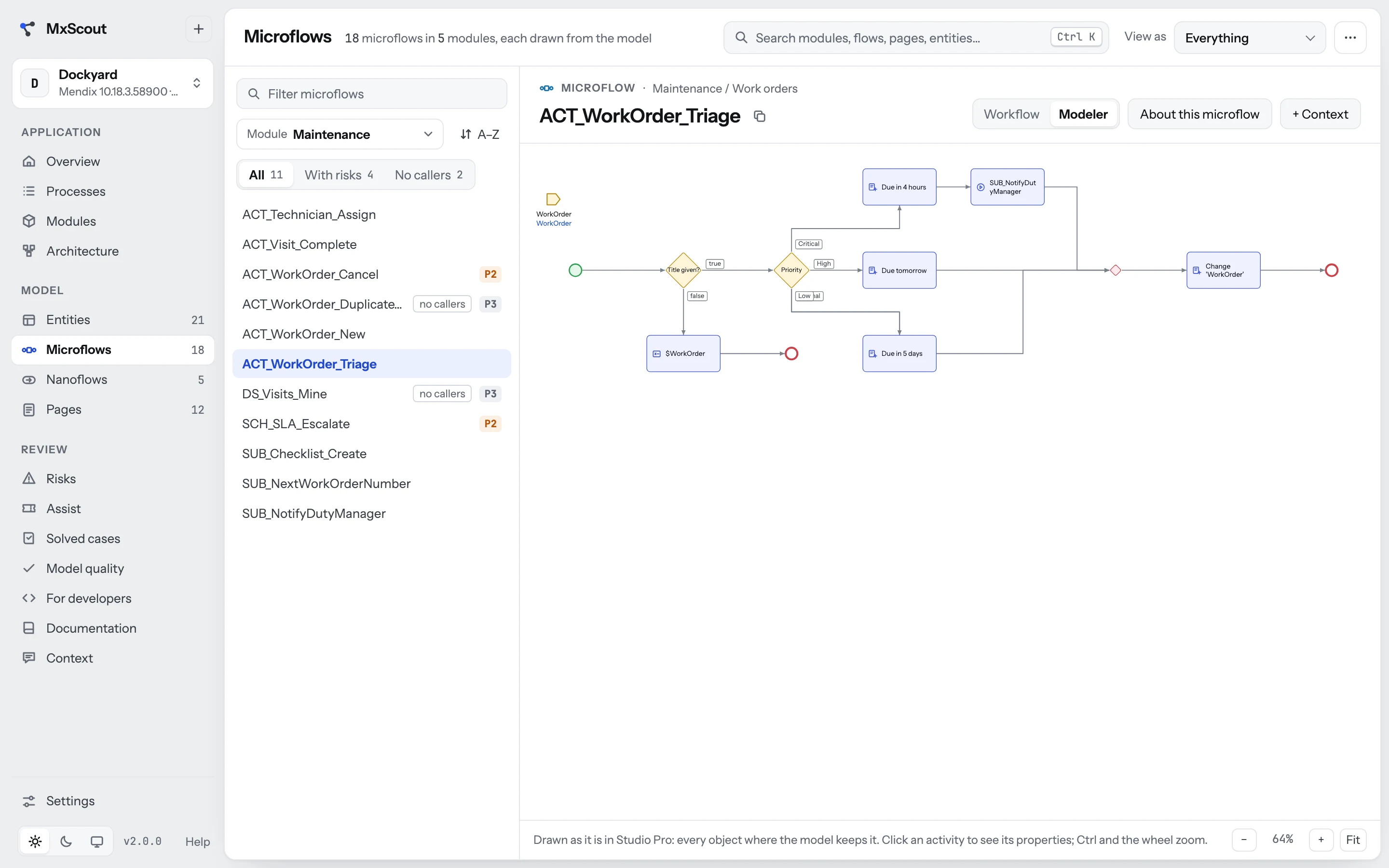 The Studio Pro view of a microflow: decisions, branches and activities where Studio Pro places them.