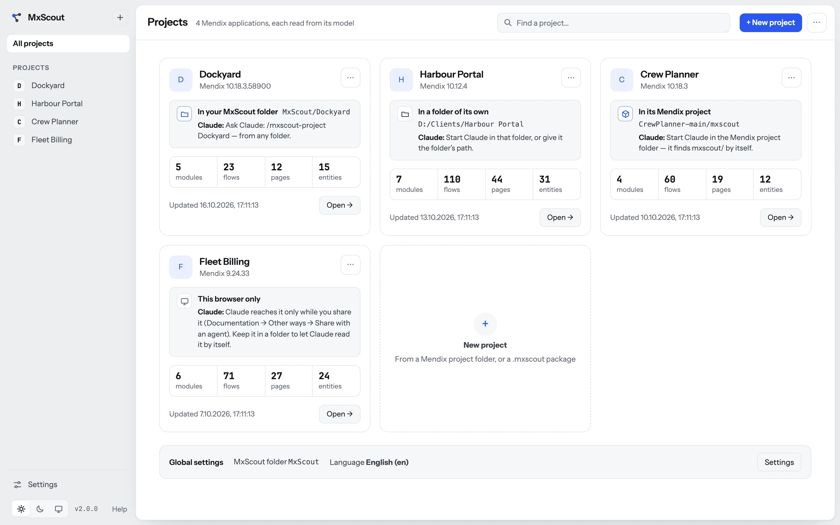 The projects page: four projects, each card saying where it is kept — the MxScout folder, a folder of its own, the Mendix project, this browser only — and how to give it to Claude.