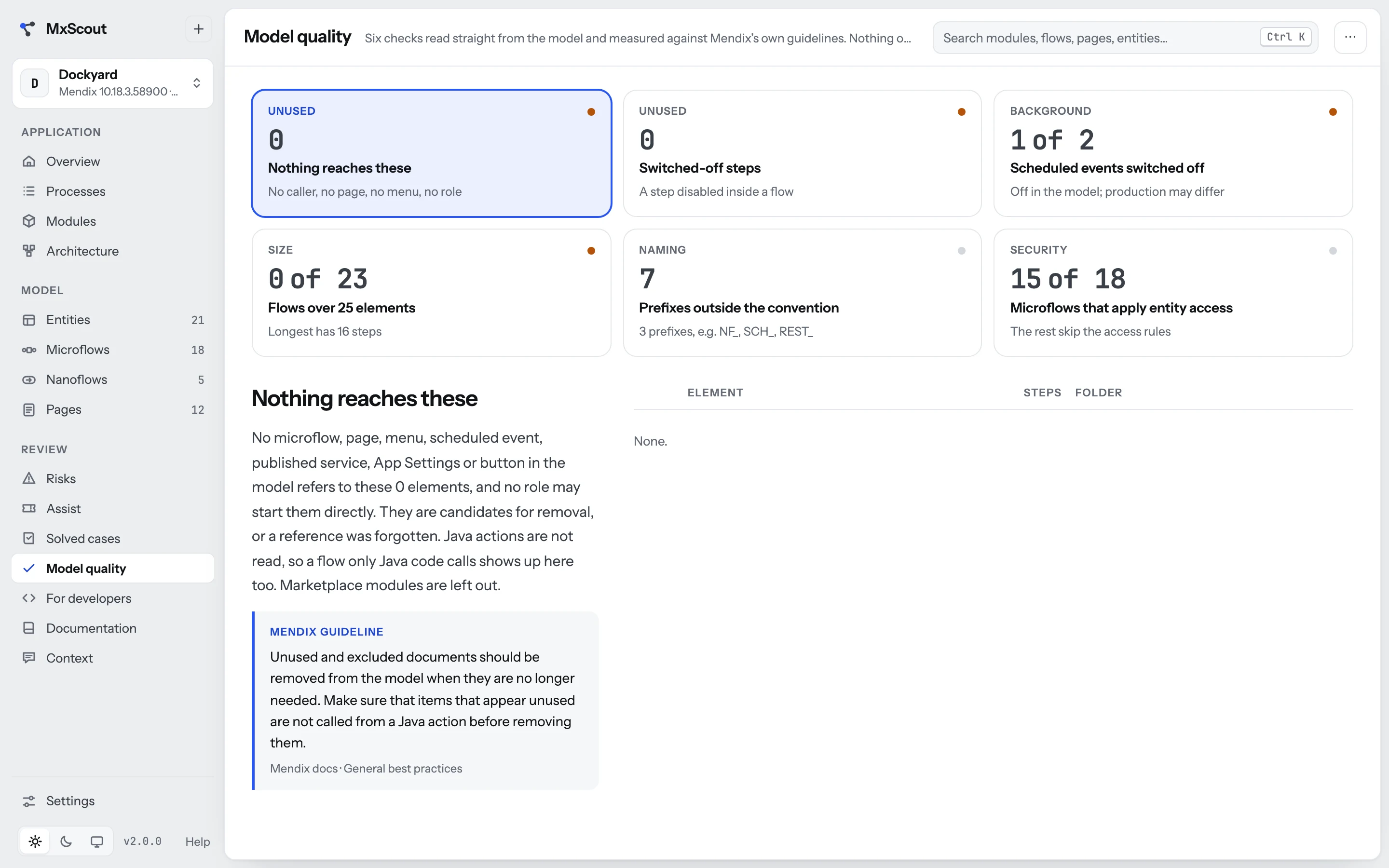 The Model quality screen: checks read from the model.