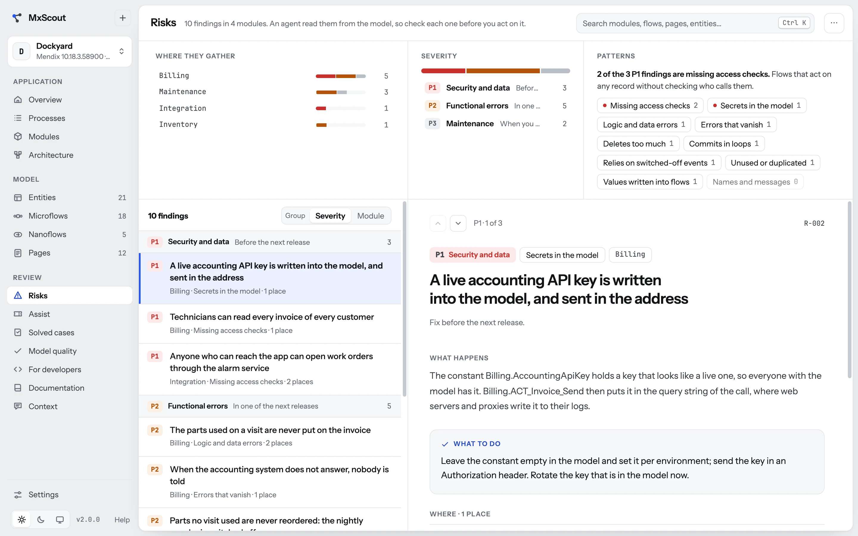 The Risks screen: ten findings ranked P1 to P3, one opened with what happens and what to do.